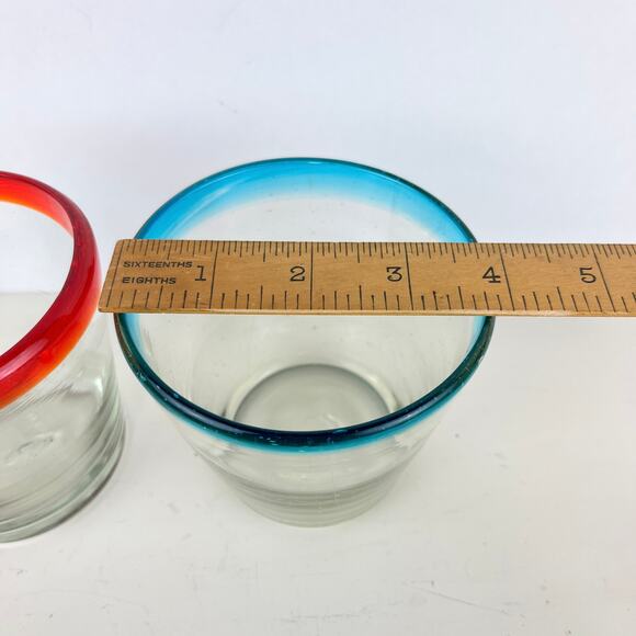 Hand Blown Mexican Bubble Rocks Glass with Colored Rims Set of 2 - Picture 4 of 5